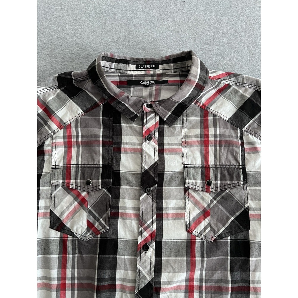 Carbon Men's 2XL Black White‎ Red Plaid Collared Pearl Snap Pkt Button Up Shirt